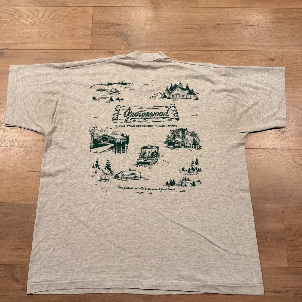 Vintage Grotonwood Christian Camp Graphic Tee XL Single Stitch Nature Core Gray